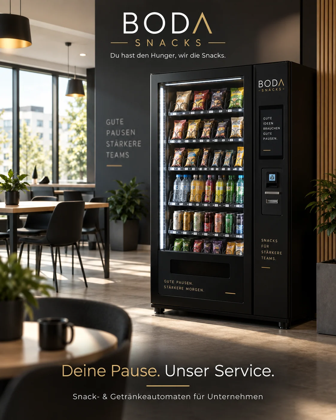 Illustration eines Snack- und Getränkeautomaten in einem Aufenthaltsbereich
